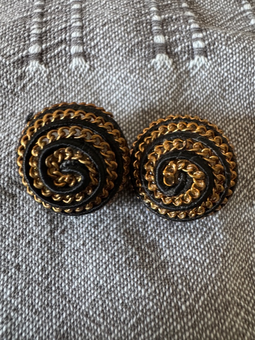 Vintage Set of 2 Black Yarn and Gold Tone Chain Swirl on Plastic Buttons